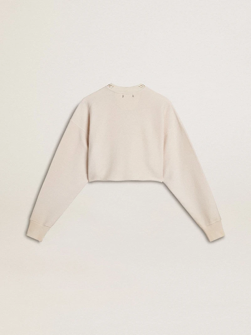 Women's cream cotton cropped sweatshirt with crystals on the front