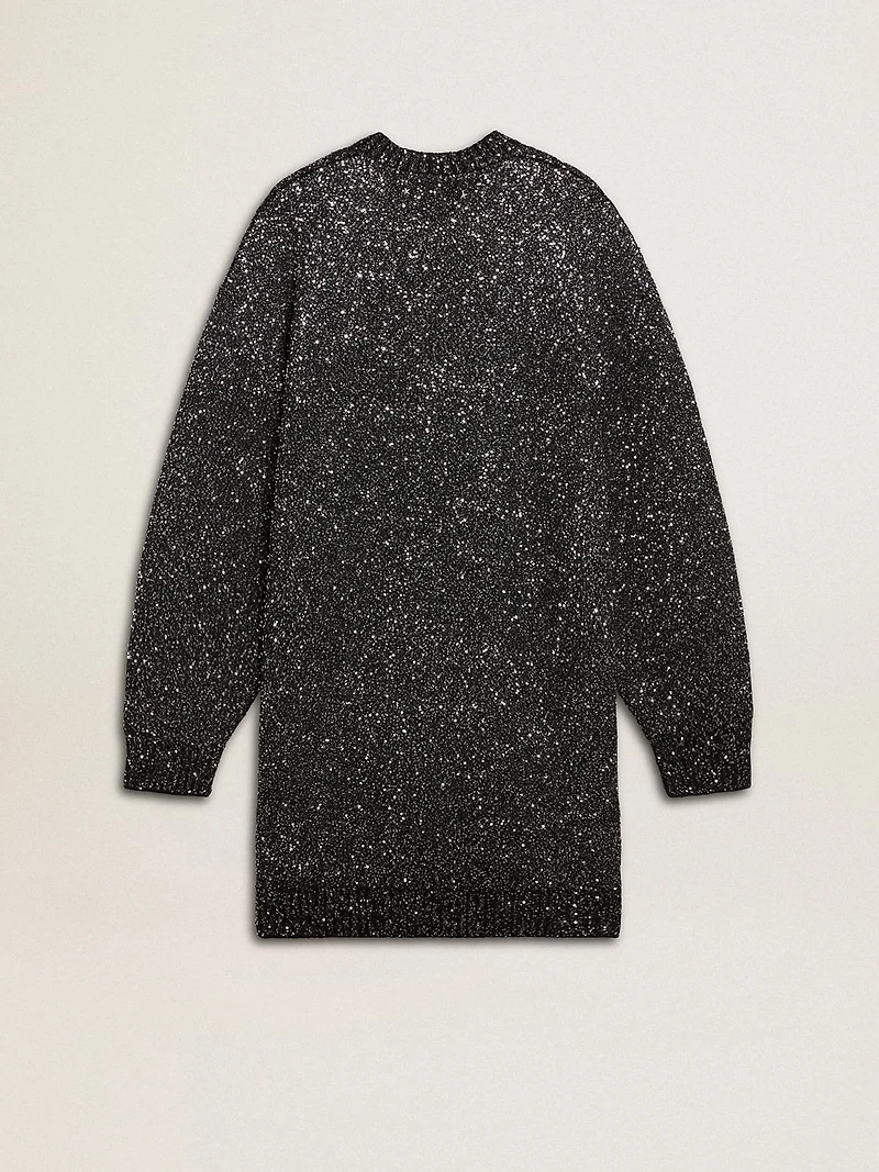Women's black crew neck dress with all-over silver sequins