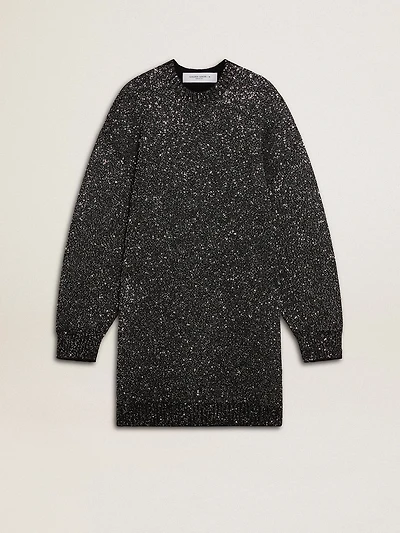 Women's black crew neck dress with all-over silver sequins
