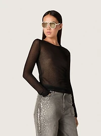 Women's crew-neck sweater with black floral jacquard pattern