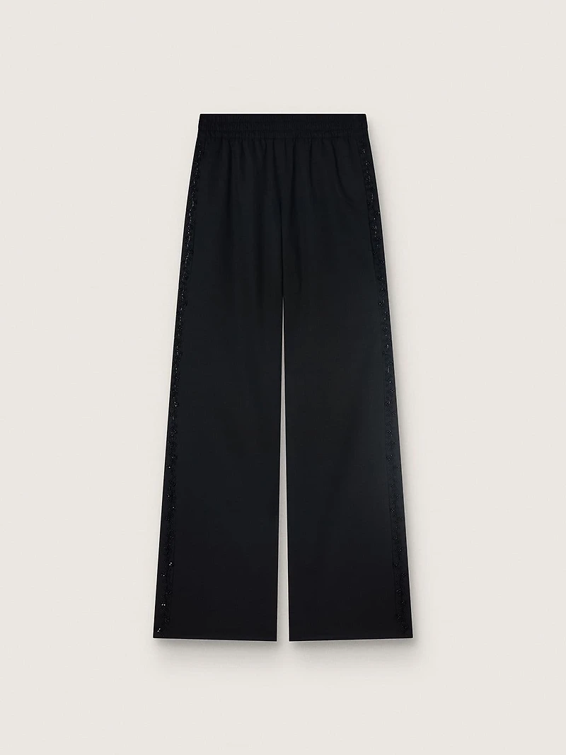 Women's sweatpants black wool twill with sequin embroidery
