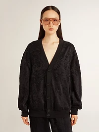 Women's black cardigan with tone-on-tone toile de jouy bead embroidery