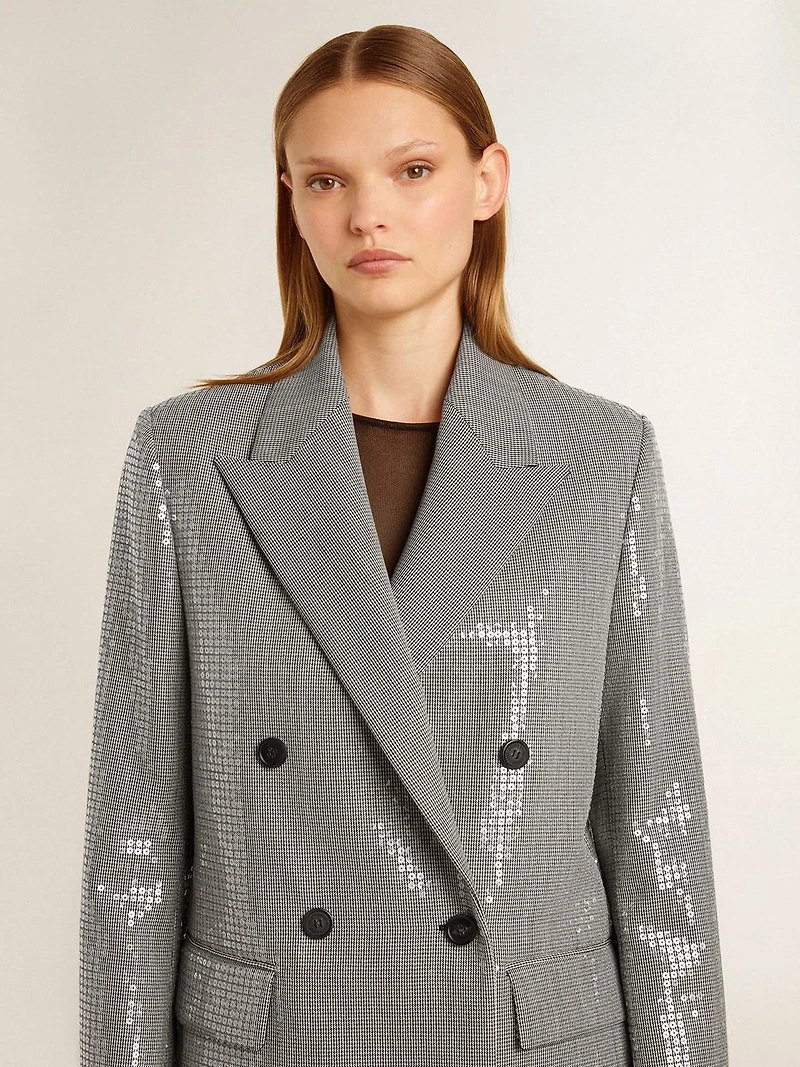 Double-breasted wool boyfriend jacket micro houndstooth and sequins