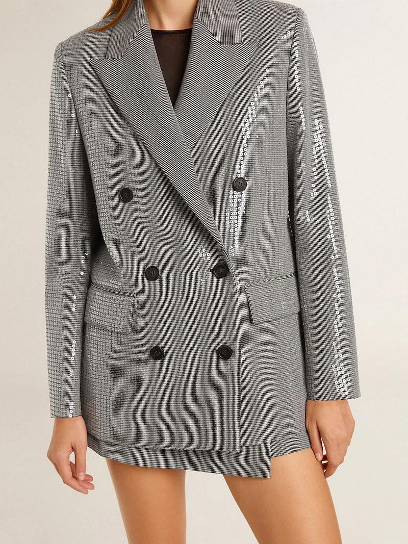 Double-breasted wool boyfriend jacket micro houndstooth and sequins