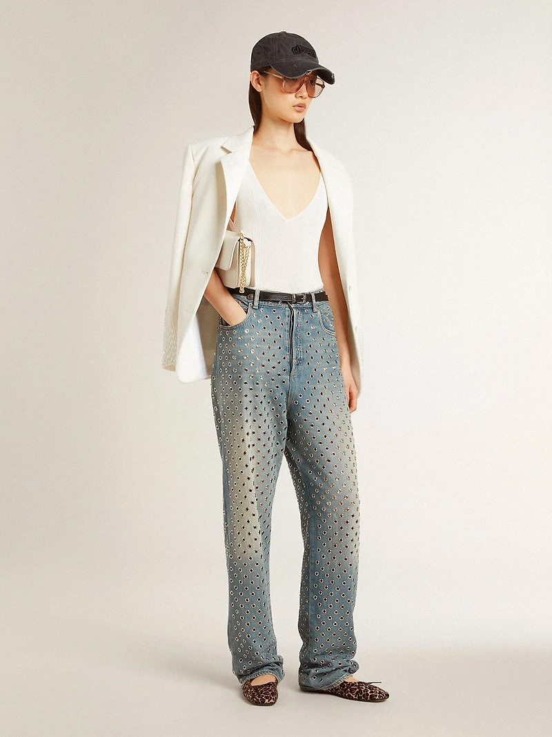 Sleeveless top embroidered with worn-white ribbing