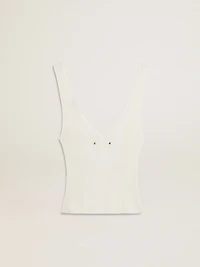 Sleeveless top embroidered with worn-white ribbing