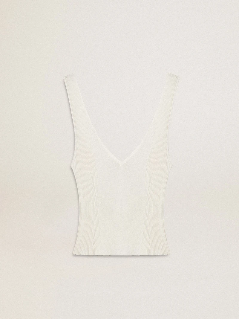 Sleeveless top embroidered with worn-white ribbing