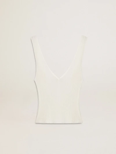 Sleeveless top embroidered with worn-white ribbing