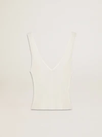 Sleeveless top embroidered with worn-white ribbing