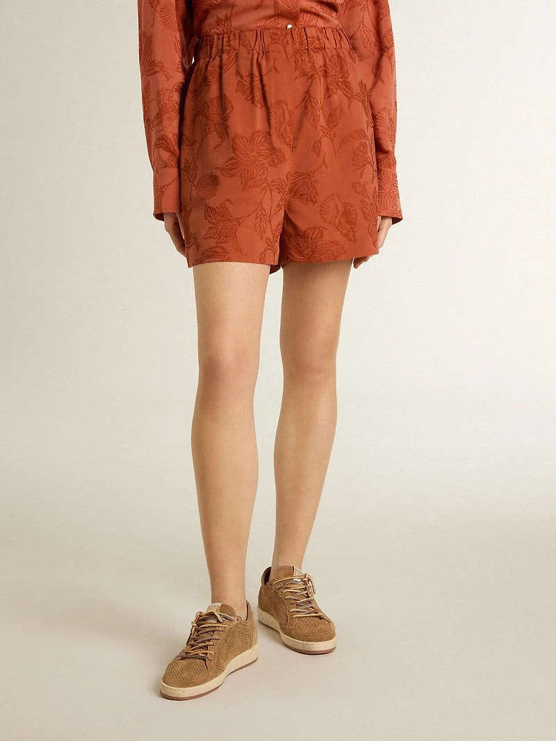 Women's shorts brick-red jacquard with marine floral pattern