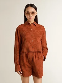 Women's cropped shirt brick red jacquard with wide sleeves