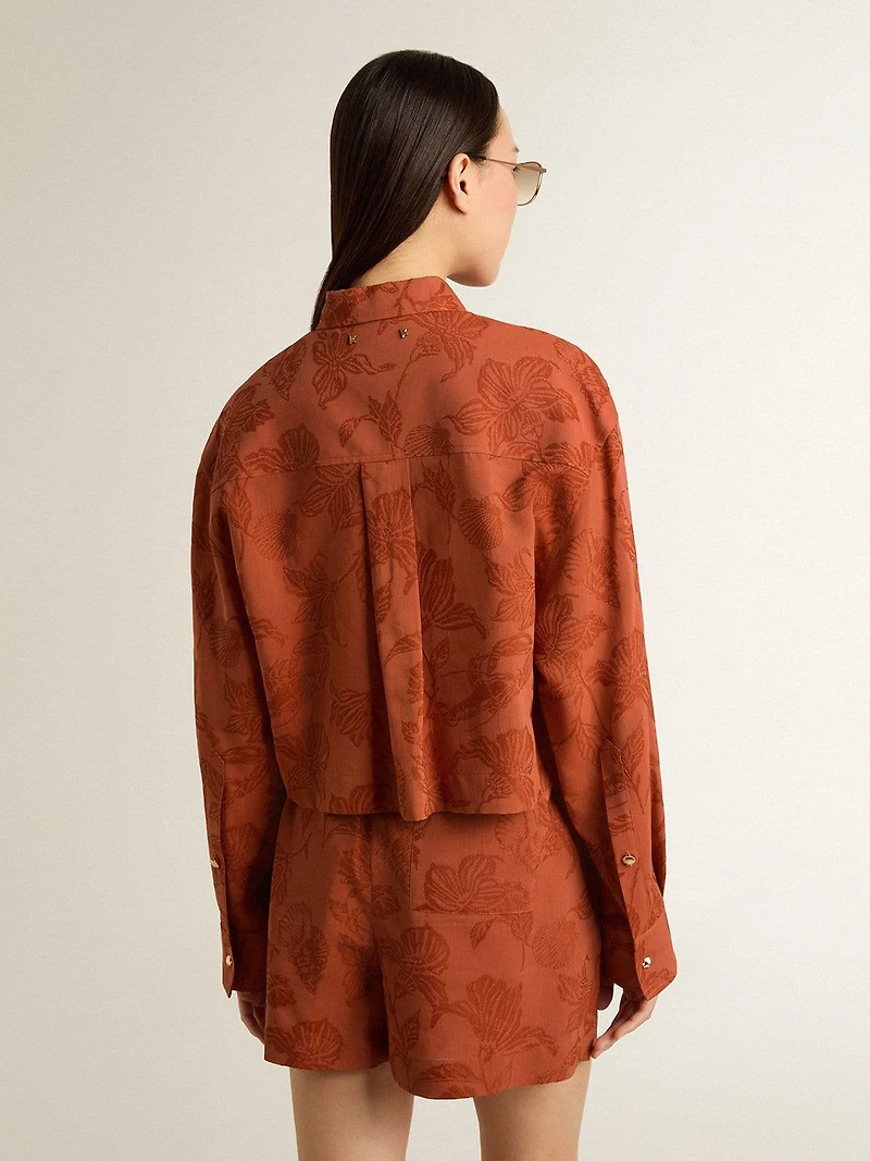 Women's cropped shirt brick red jacquard with wide sleeves
