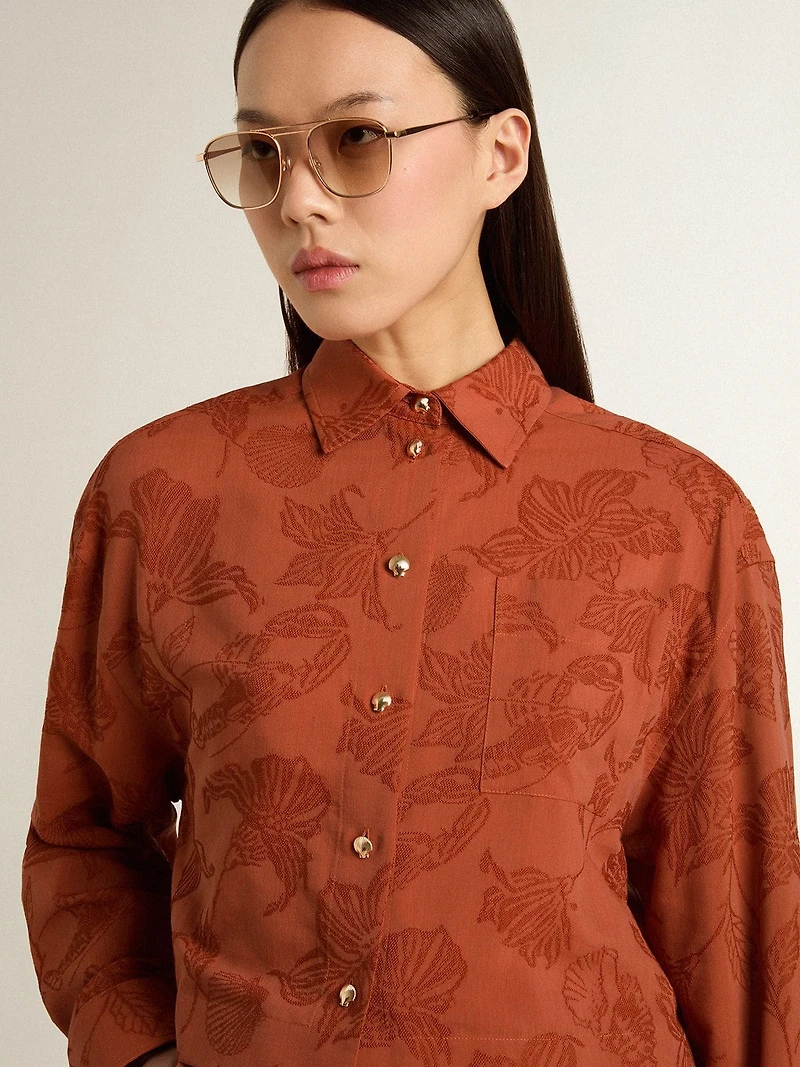 Women's cropped shirt brick red jacquard with wide sleeves