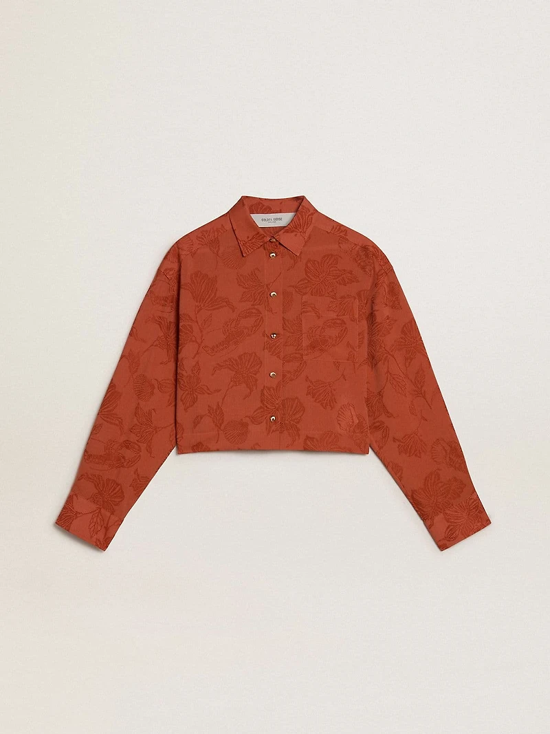 Women's cropped shirt brick red jacquard with wide sleeves