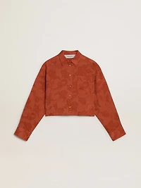 Women's cropped shirt brick red jacquard with wide sleeves