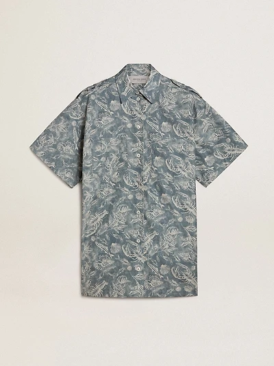 Women's short shirt dress light blue cotton poplin with all-over marine print