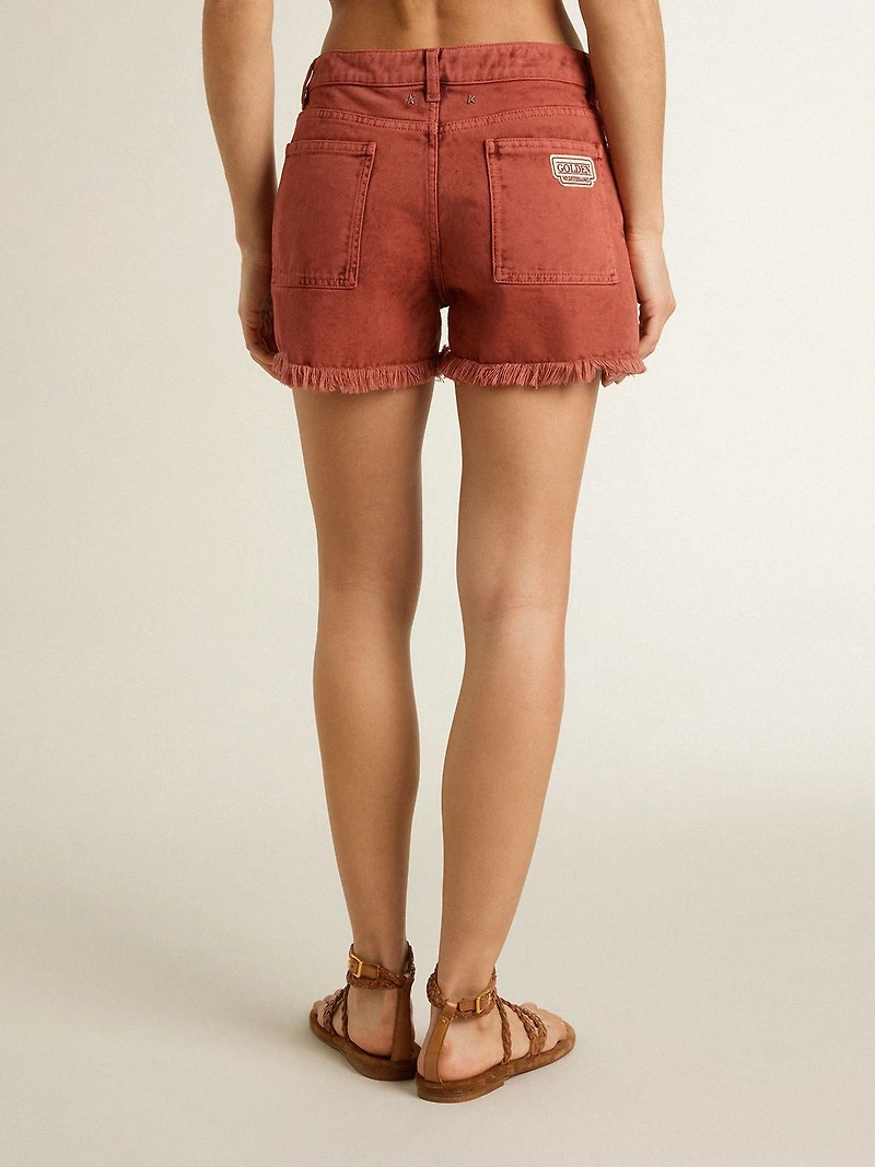 Women's shorts brick-red denim with Golden Mediterraneo embroidery