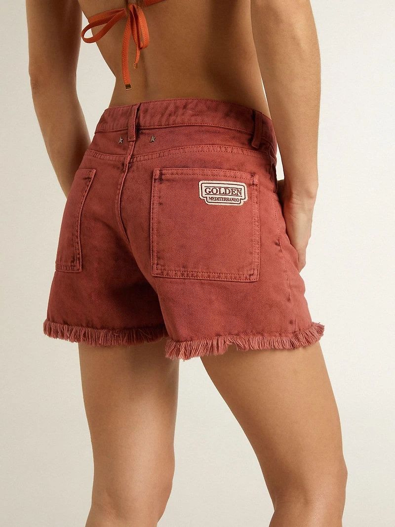 Women's shorts brick-red denim with Golden Mediterraneo embroidery