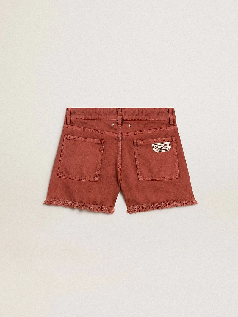 Women's shorts brick-red denim with Golden Mediterraneo embroidery