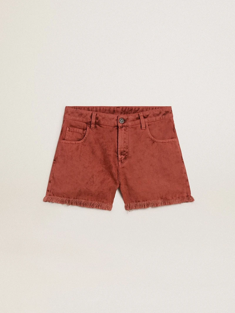 Women's shorts brick-red denim with Golden Mediterraneo embroidery