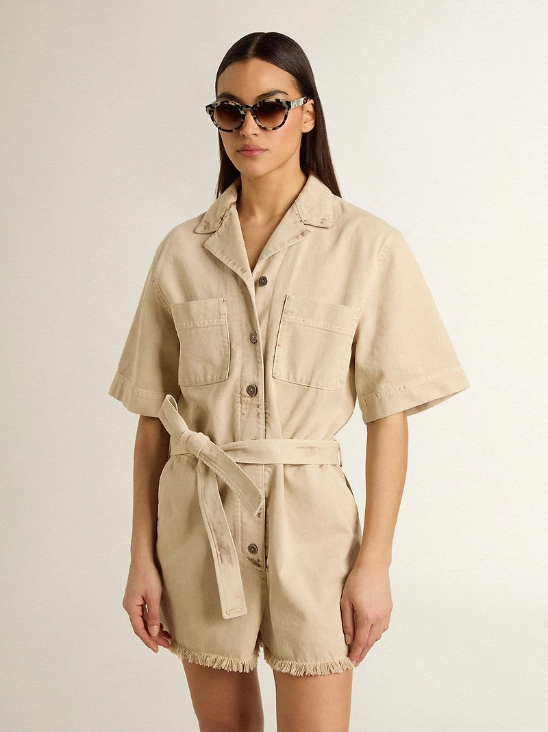 Women's romper beige denim with belt and frayed hem