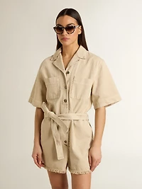 Women's romper beige denim with belt and frayed hem