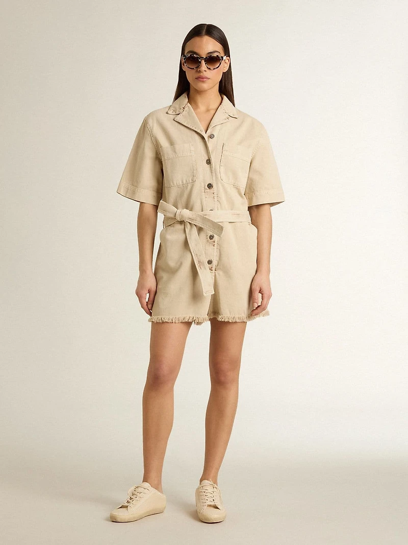 Women's romper beige denim with belt and frayed hem