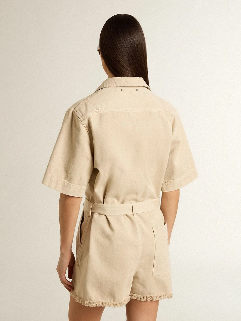 Women's romper beige denim with belt and frayed hem