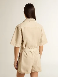 Women's romper beige denim with belt and frayed hem