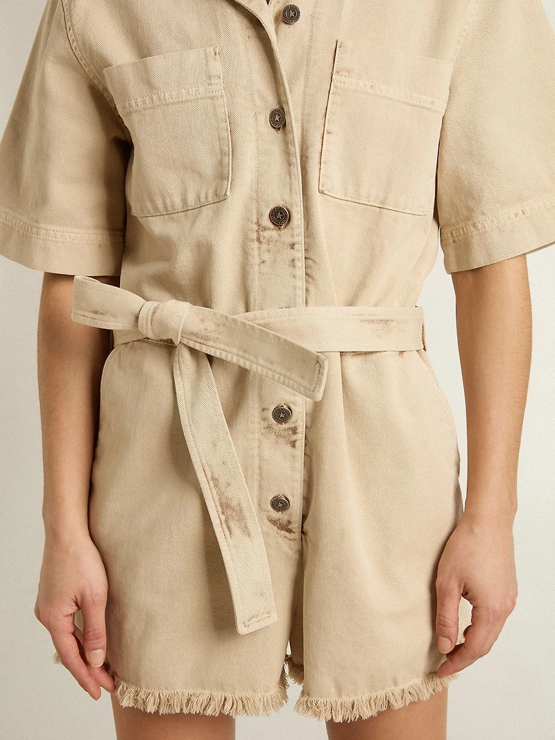 Women's romper beige denim with belt and frayed hem