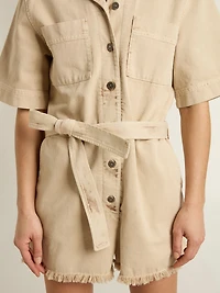 Women's romper beige denim with belt and frayed hem