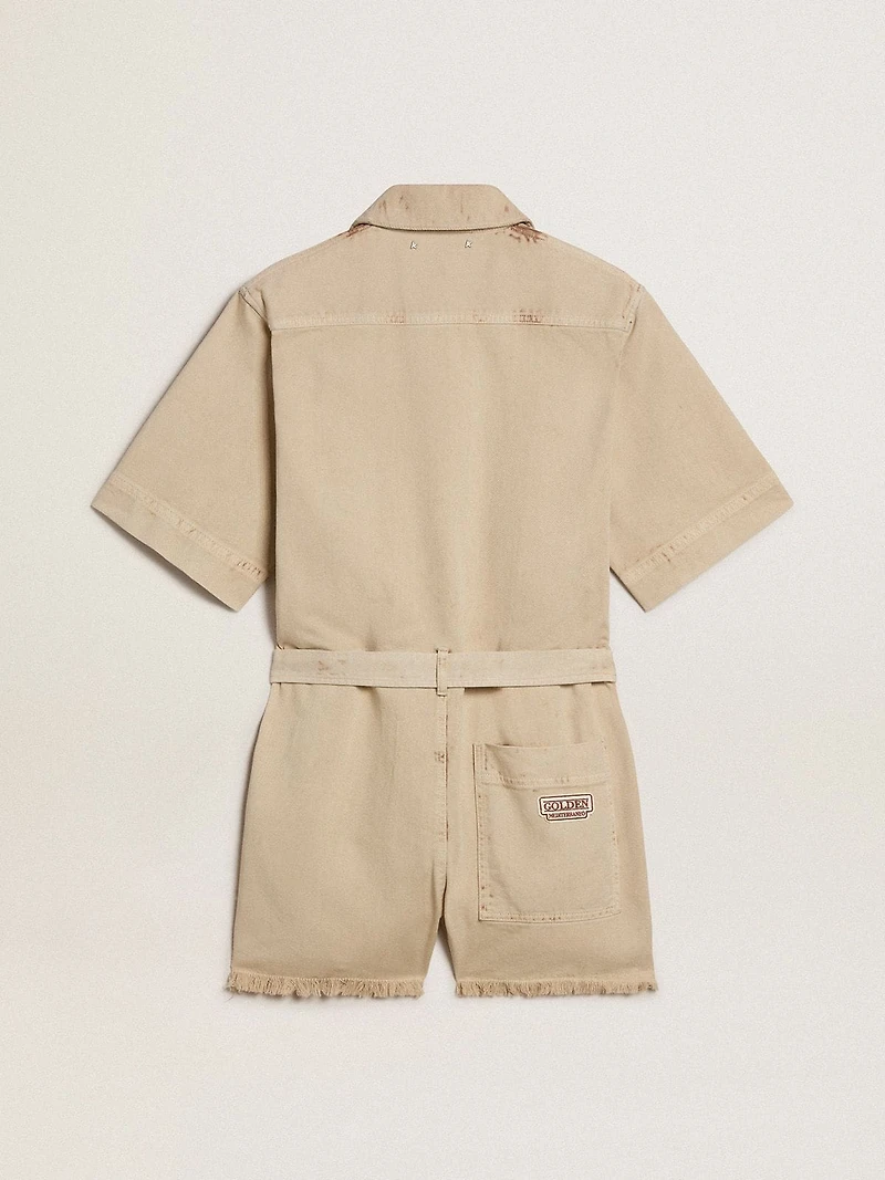 Women's romper beige denim with belt and frayed hem