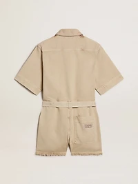 Women's romper beige denim with belt and frayed hem