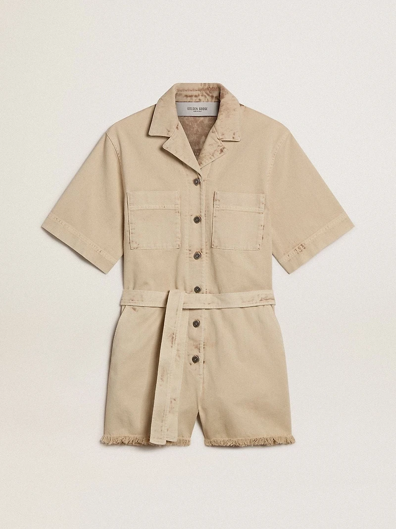 Women's romper beige denim with belt and frayed hem