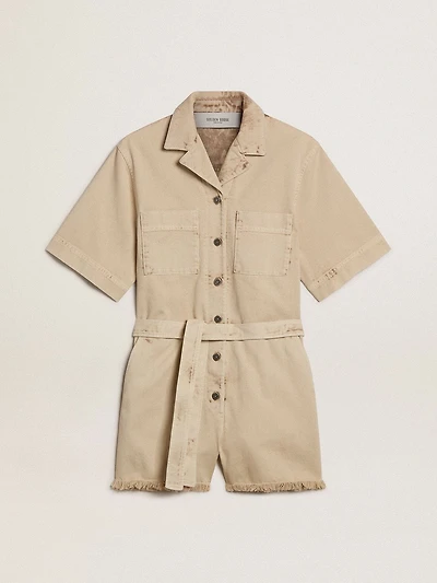 Women's romper beige denim with belt and frayed hem