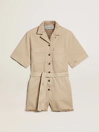 Women's romper beige denim with belt and frayed hem