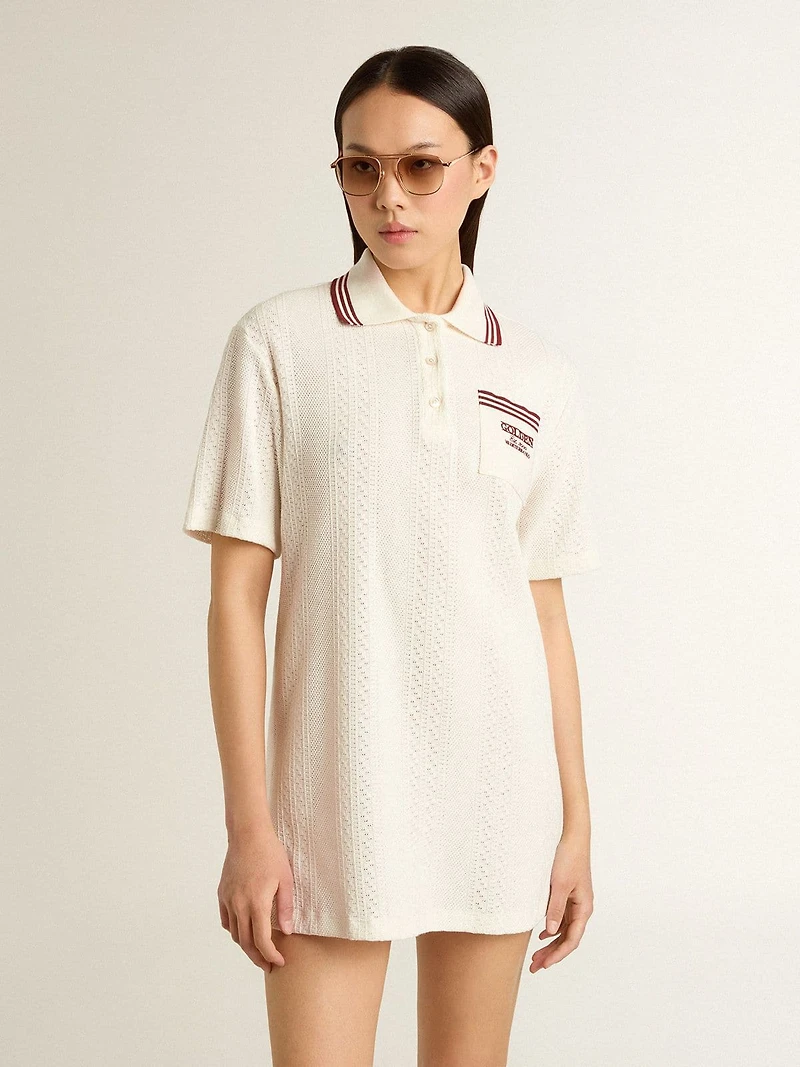 Women's Oasis polo dress white perforated jersey with burgundy stripes