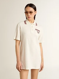Women's Oasis polo dress white perforated jersey with burgundy stripes