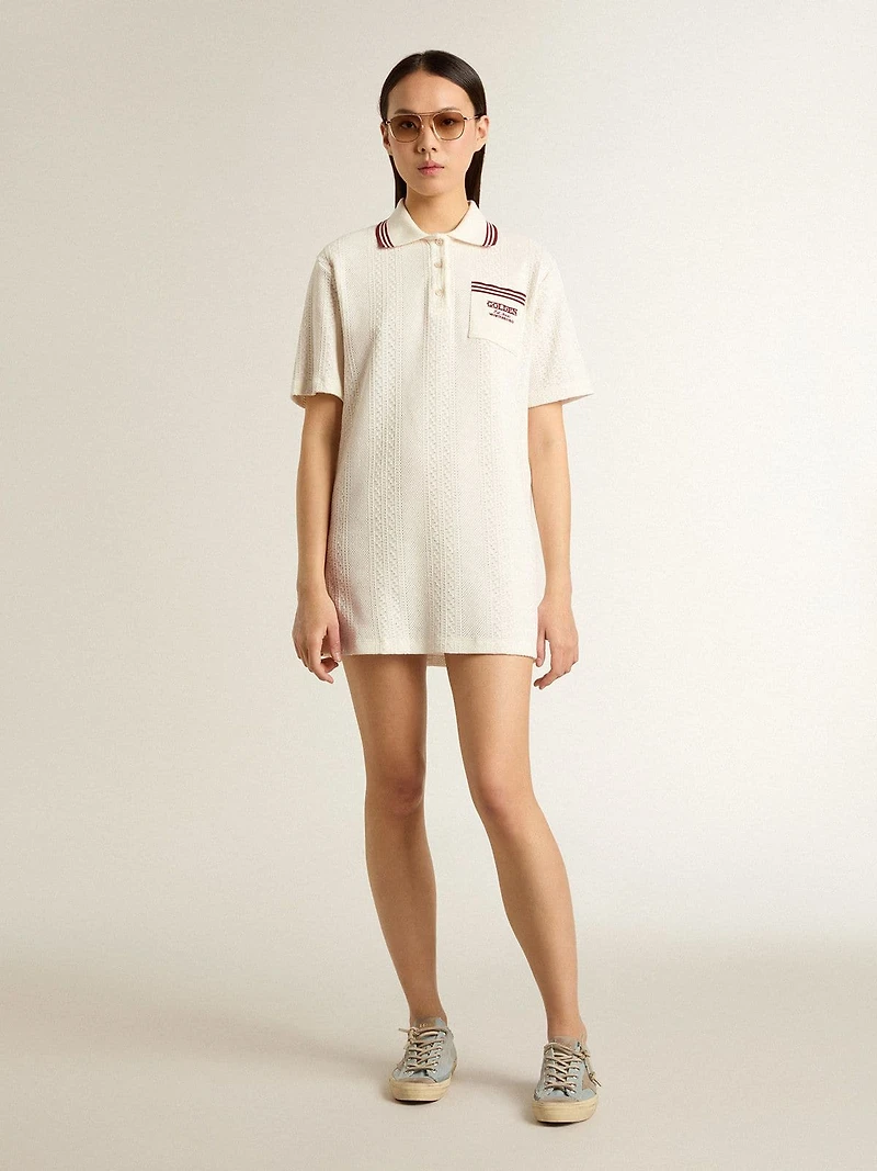 Women's Oasis polo dress white perforated jersey with burgundy stripes