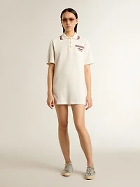 Women's Oasis polo dress white perforated jersey with burgundy stripes