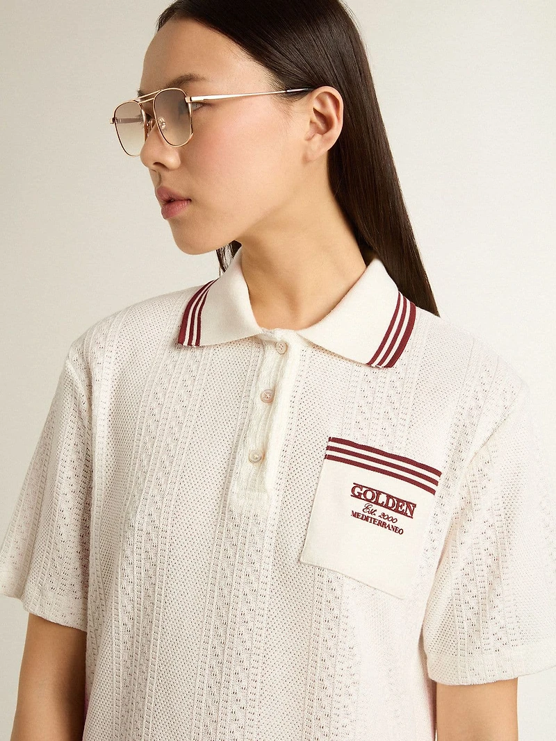 Women's Oasis polo dress white perforated jersey with burgundy stripes
