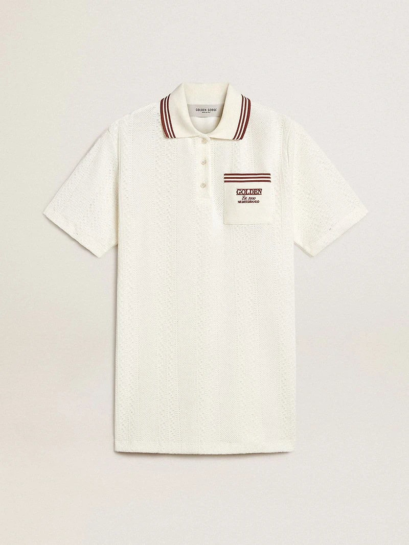 Women's Oasis polo dress white perforated jersey with burgundy stripes