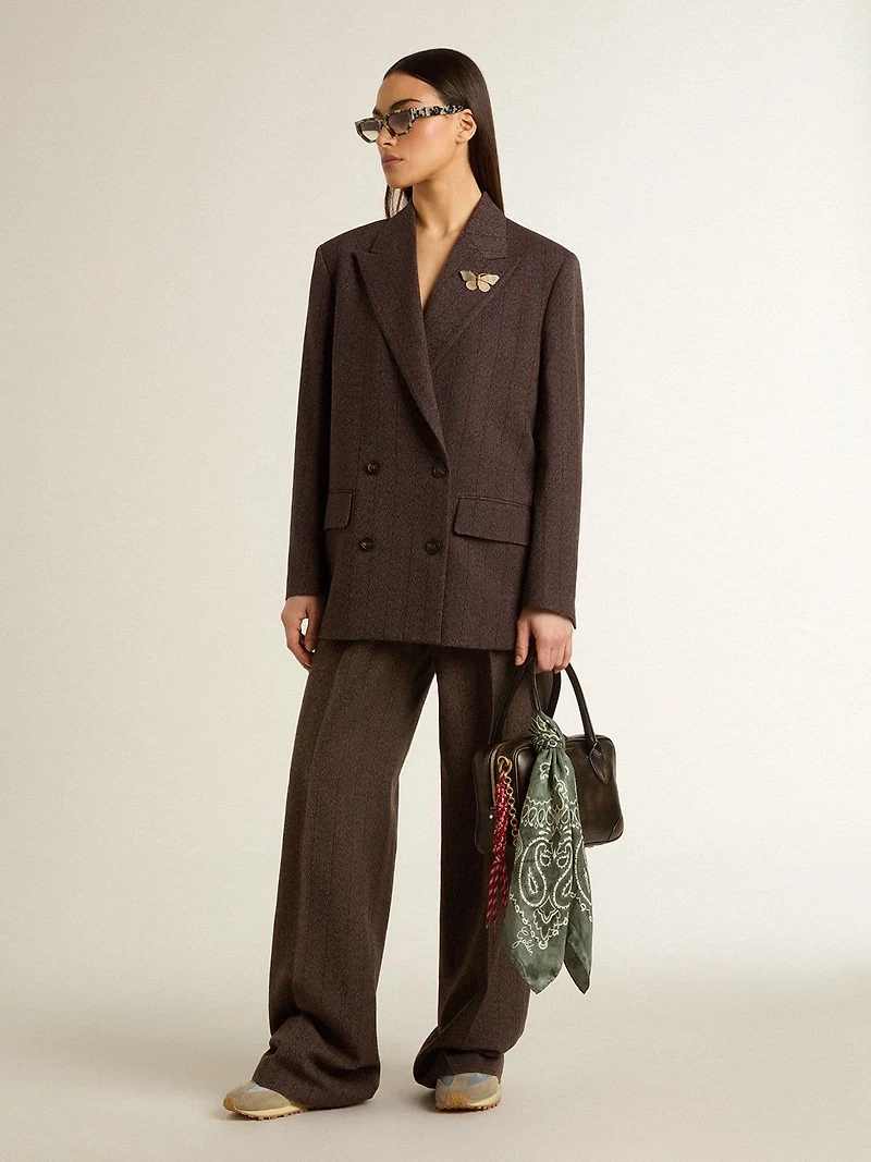 Women's double-breasted blazer dark brown wool with thin stripe pattern