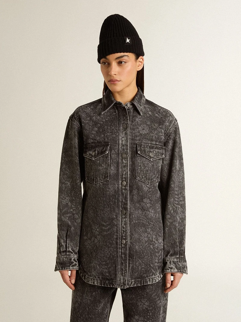 Women's black denim shirt with ton sur floral pattern