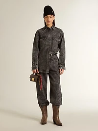 Women's black denim shirt with ton sur floral pattern