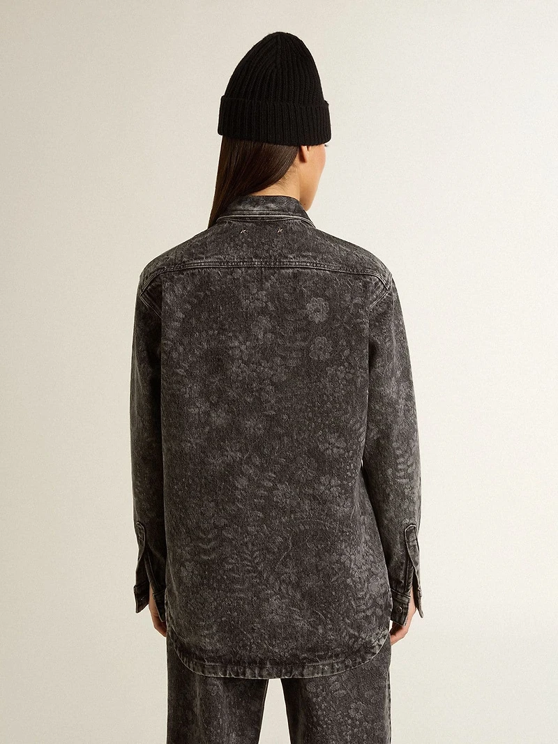 Women's black denim shirt with ton sur floral pattern
