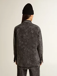 Women's black denim shirt with ton sur floral pattern
