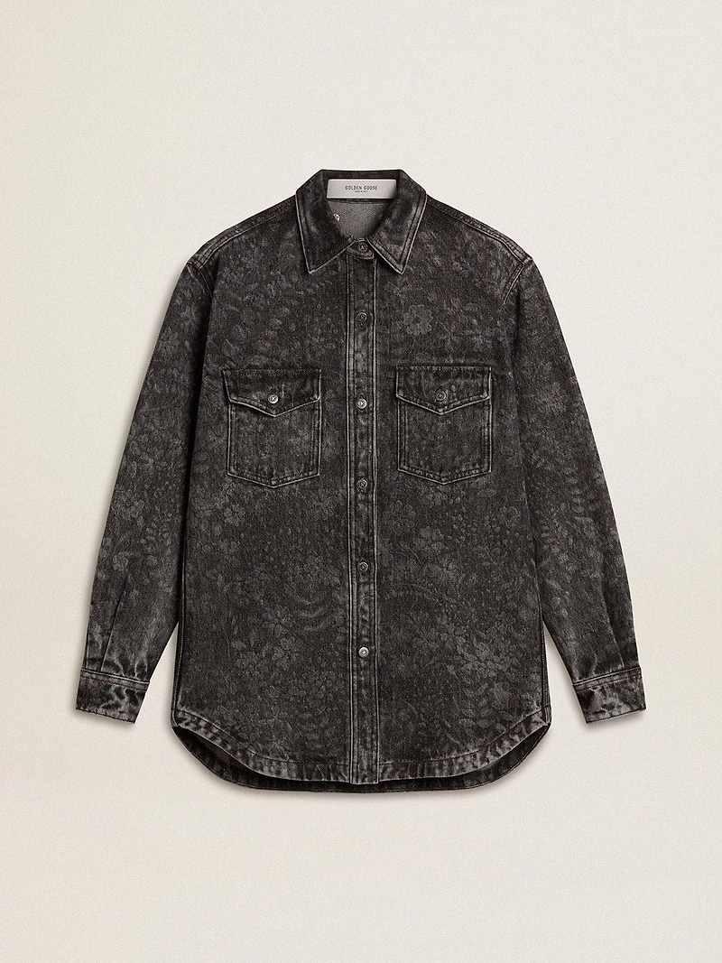 Women's black denim shirt with ton sur floral pattern
