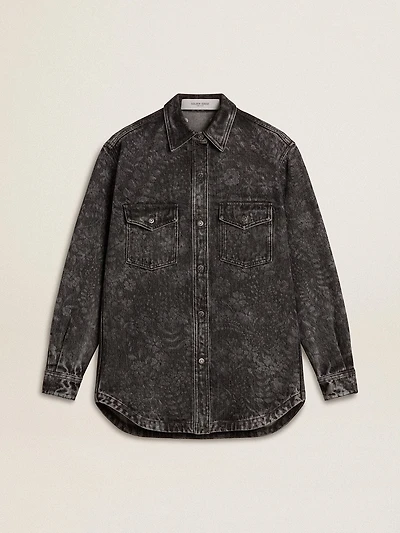 Women's black denim shirt with ton sur floral pattern
