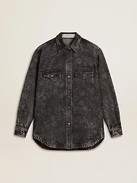 Women's black denim shirt with ton sur floral pattern